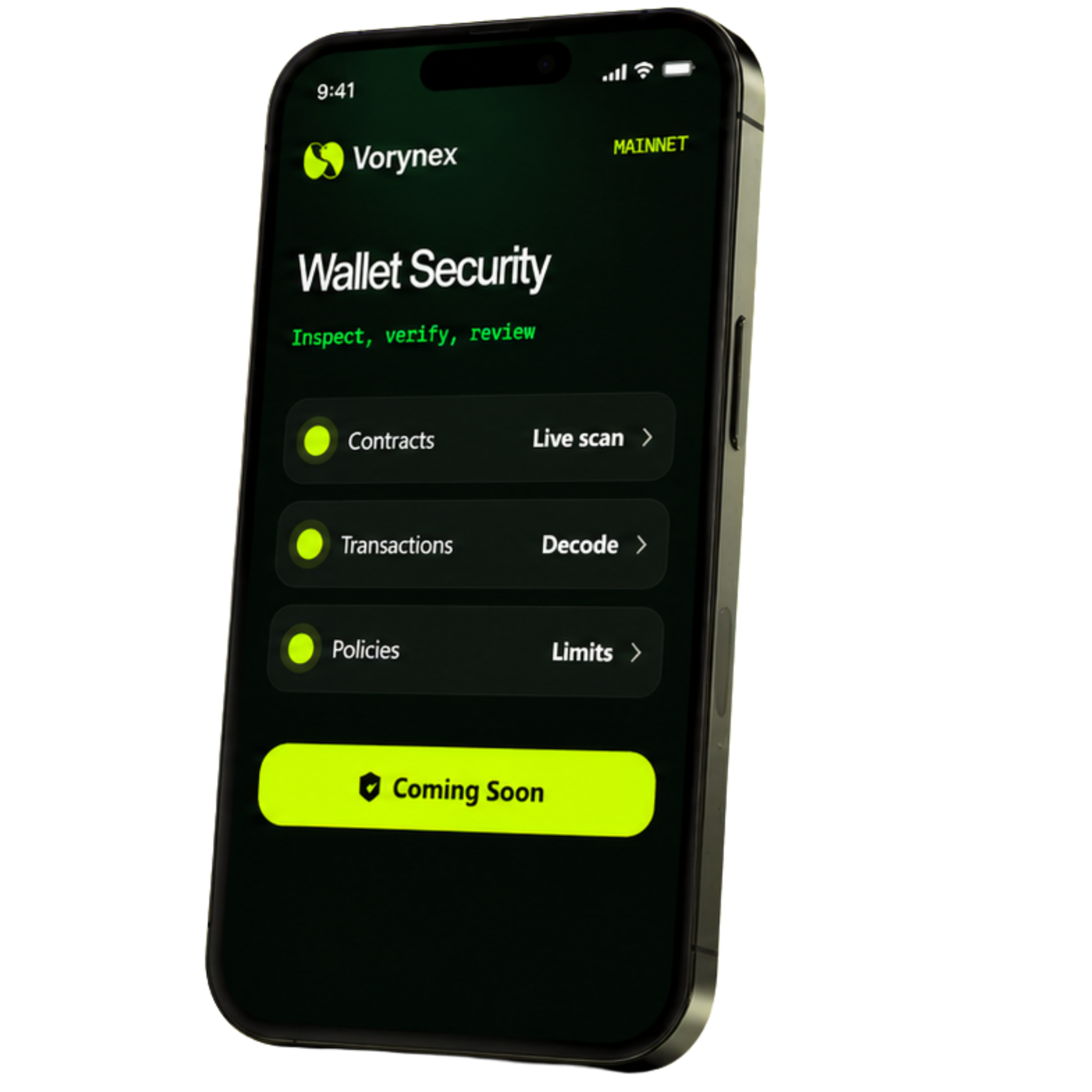 Realistic Vorynex mobile app mockup showing a wallet security screen on a modern smartphone.