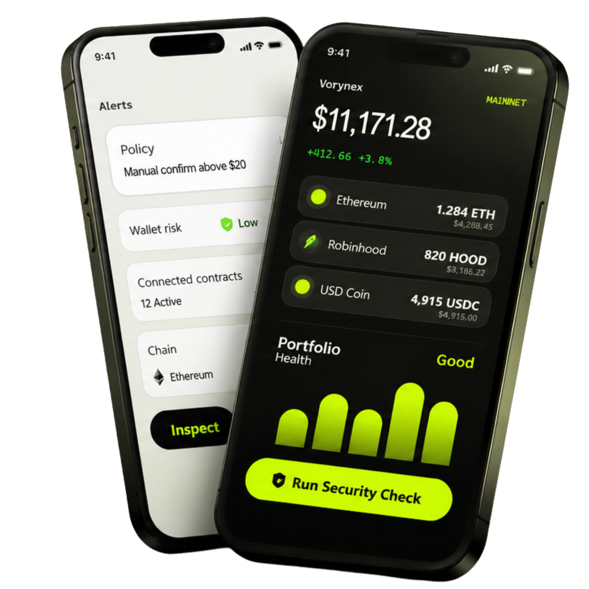 Realistic Vorynex mobile app mockup showing alerts and wallet security screens on two smartphones.